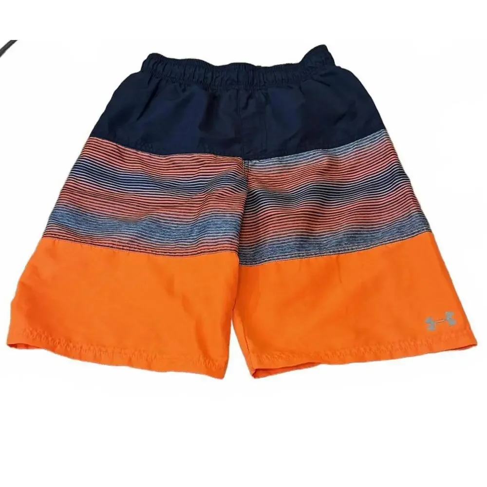 Under Armour Boys Navy Blue‎ & Orange Striped Swim Trunks Youth Large